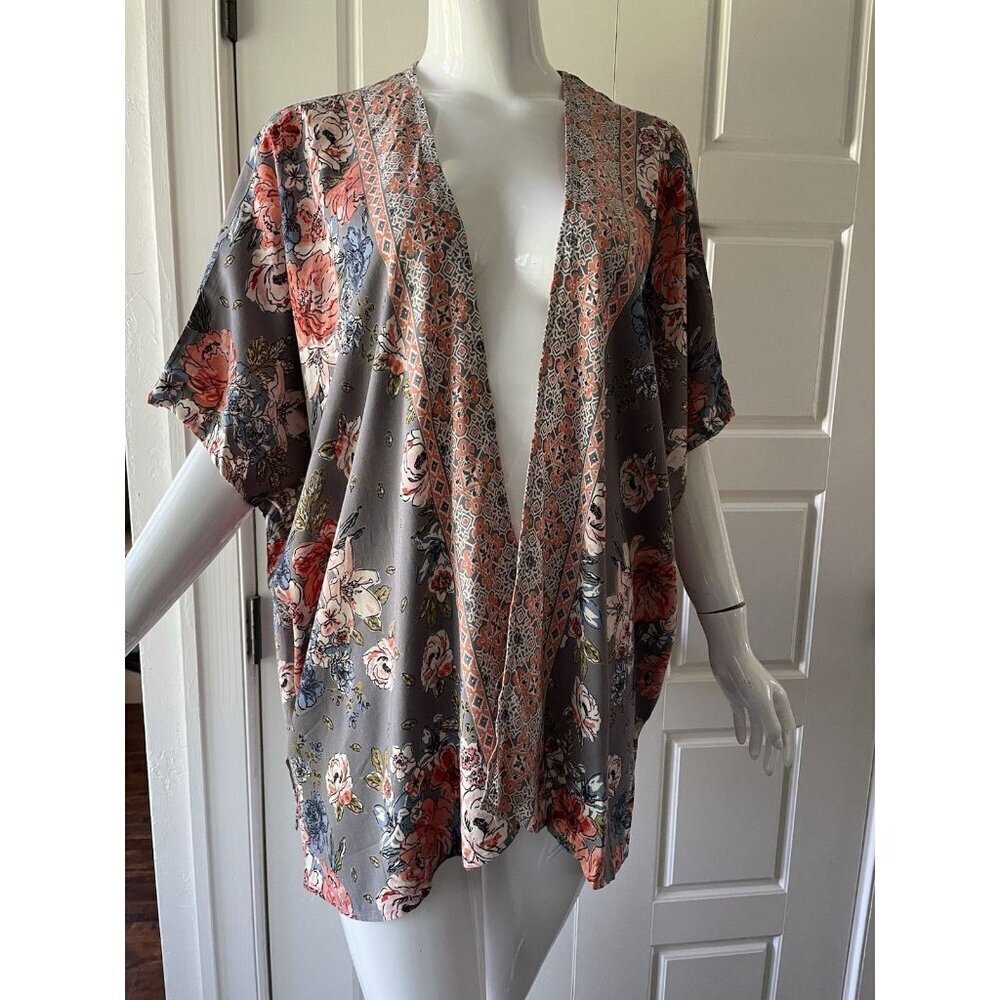 Angie Kimono Womens sz M Peach Floral Boho Festival Hippie Swim Beach Cover Up